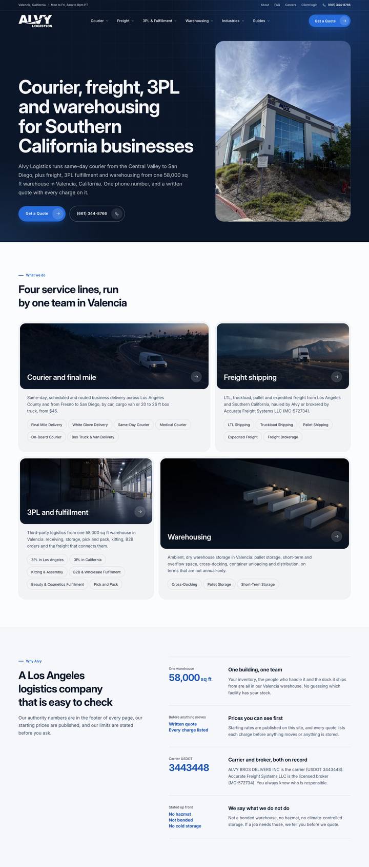 The Alvy Logistics homepage, built by S4L.IO, on a laptop